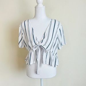 L.A. Hearts White &  Blue Pin Striped Peplum Ruffle Self Tie Crop Top Blouse